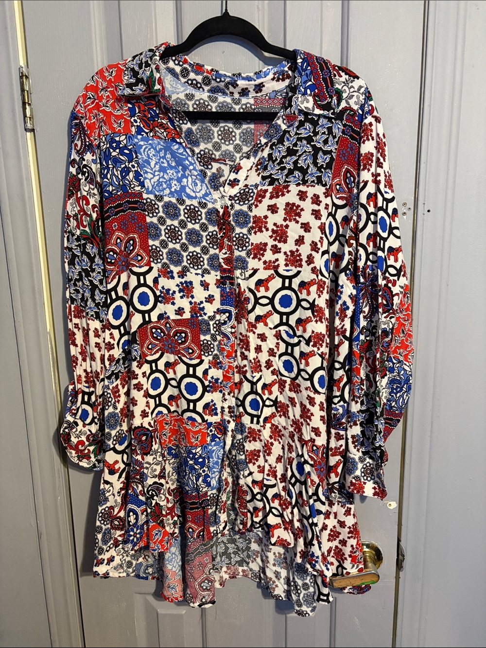 Patchwork Print Button-Front Tunic Top - Red, Blue & White
